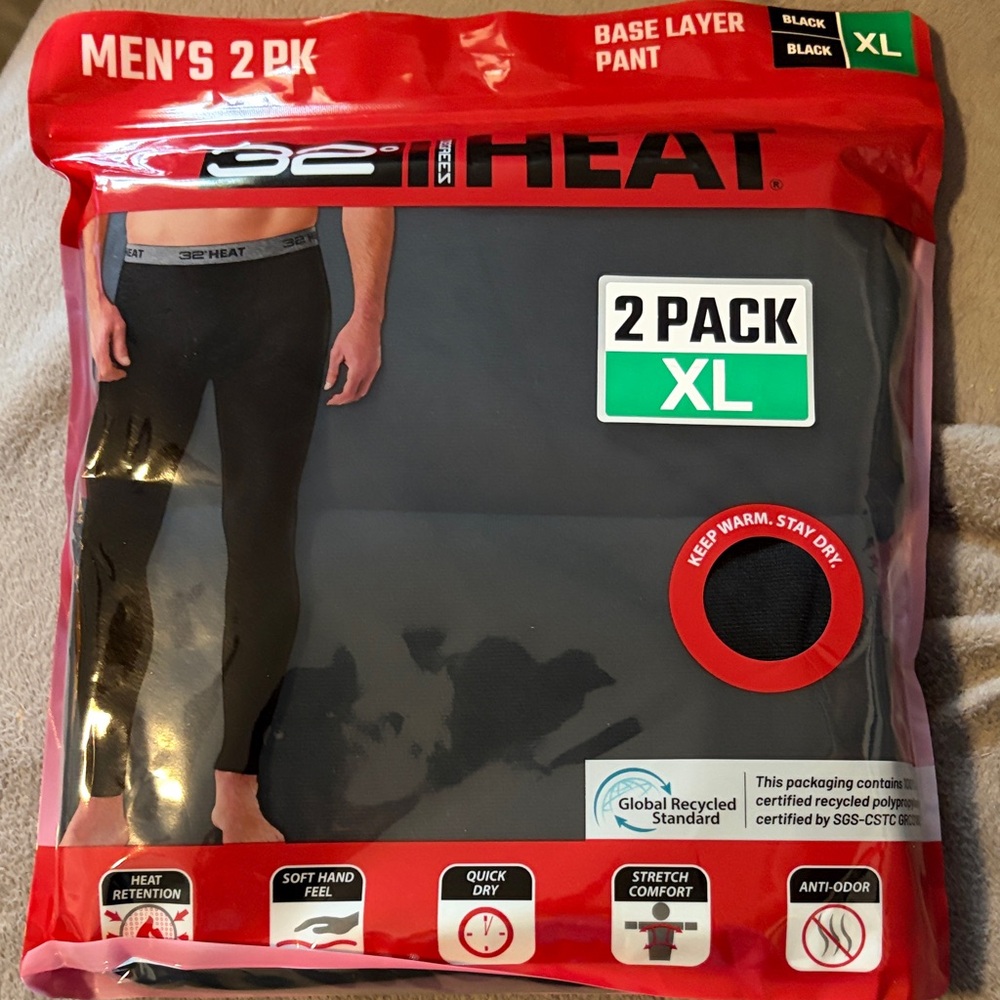 32 Degrees Men's Black Base Layer Pants 2 Pack XL